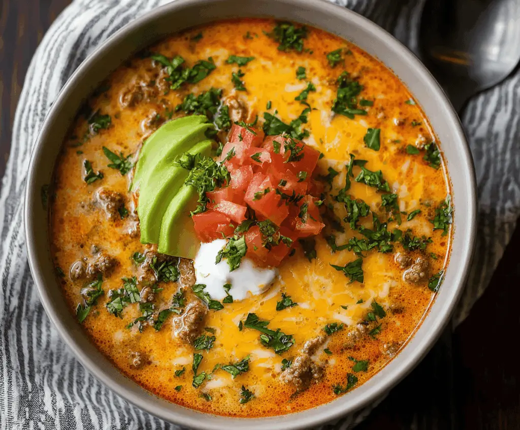 Delicious Keto Taco Soup in a bowl with seasoned ground beef, tomatoes, cheese, and fresh herbs, perfect for low-carb dieting