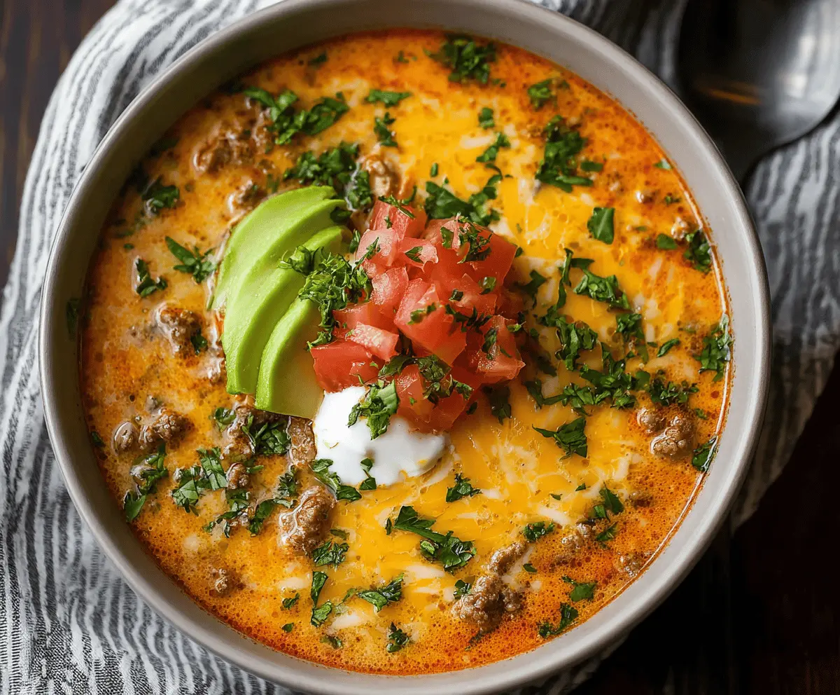 Delicious Keto Taco Soup in a bowl with seasoned ground beef, tomatoes, cheese, and fresh herbs, perfect for low-carb dieting