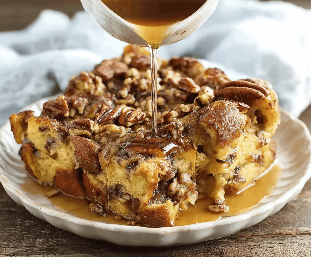 Delicious Maple Pecan French Toast Bake topped with toasted pecans and drizzled with maple syrup, ready to serve for breakfast or brunch.