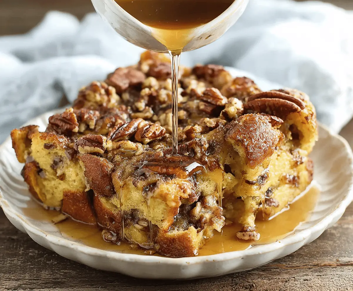 Delicious Maple Pecan French Toast Bake topped with toasted pecans and drizzled with maple syrup, ready to serve for breakfast or brunch.