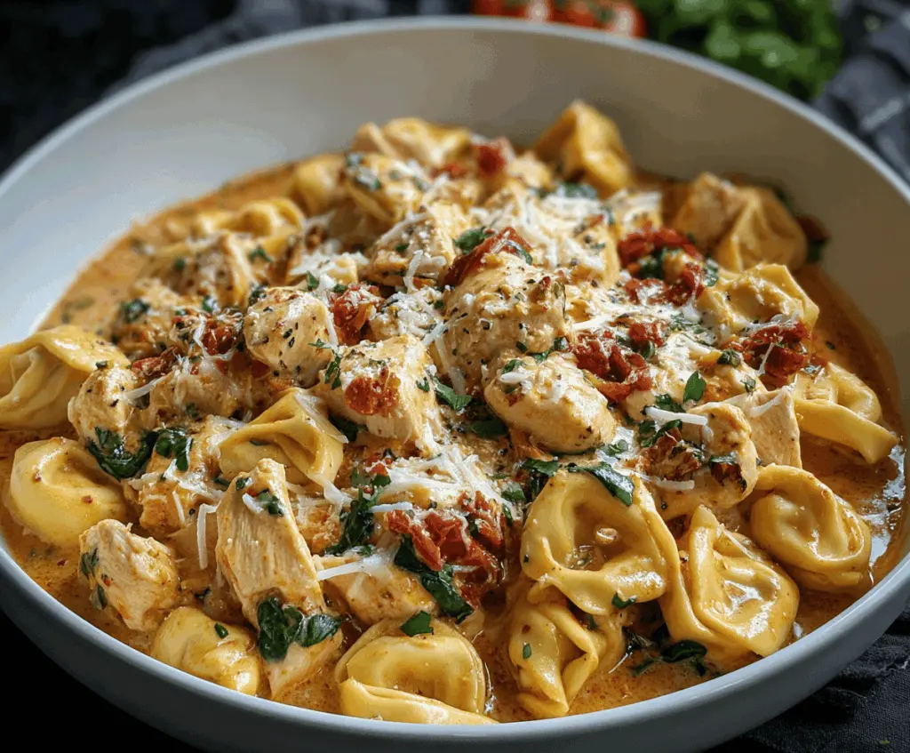 Creamy Marry Me Chicken Tortellini served on a white plate with fresh herbs, highlighting a delicious and romantic pasta dish perfect for special occasions.