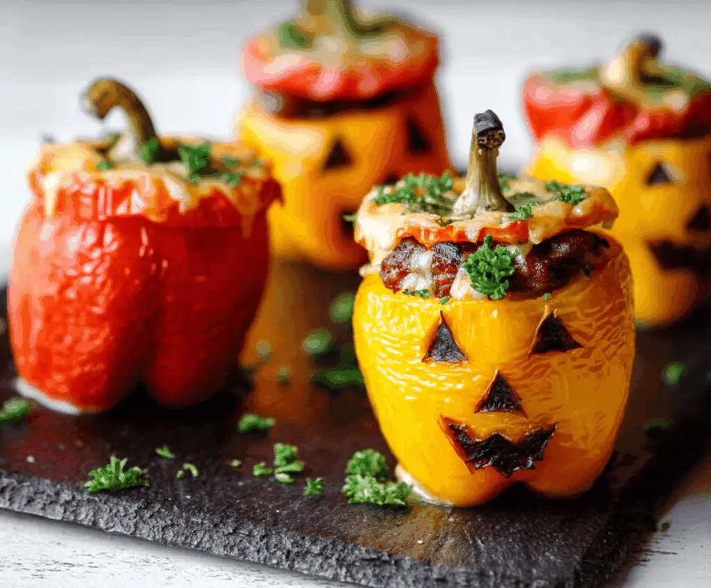 Colorful mini Jack-O’-Lantern stuffed peppers filled with savory ingredients, perfect for Halloween-themed snacks or parties.