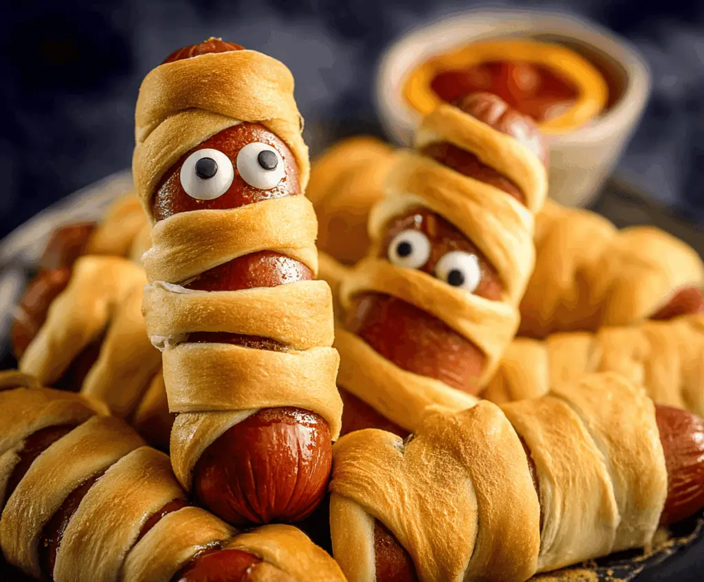 Cute mummy hot dogs wrapped in crescent roll bandages with googly eyes, perfect for Halloween parties.