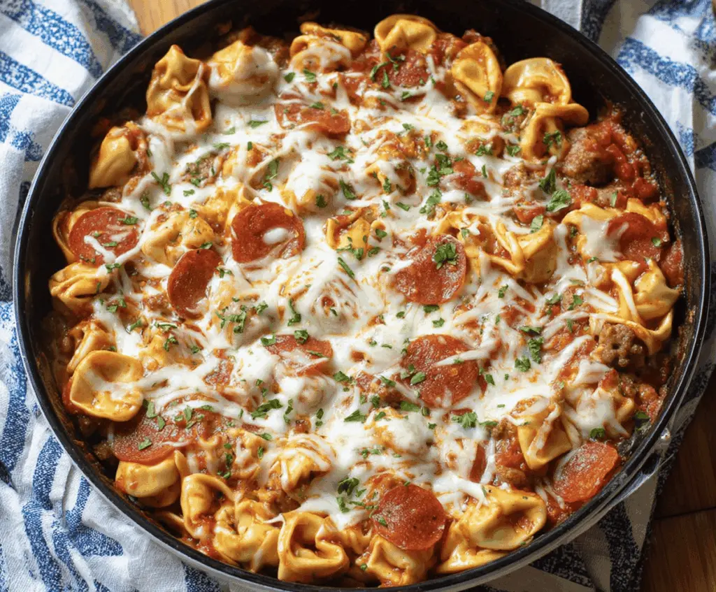Delicious one pan tortellini with sausage and fresh herbs in a skillet, ready to serve
