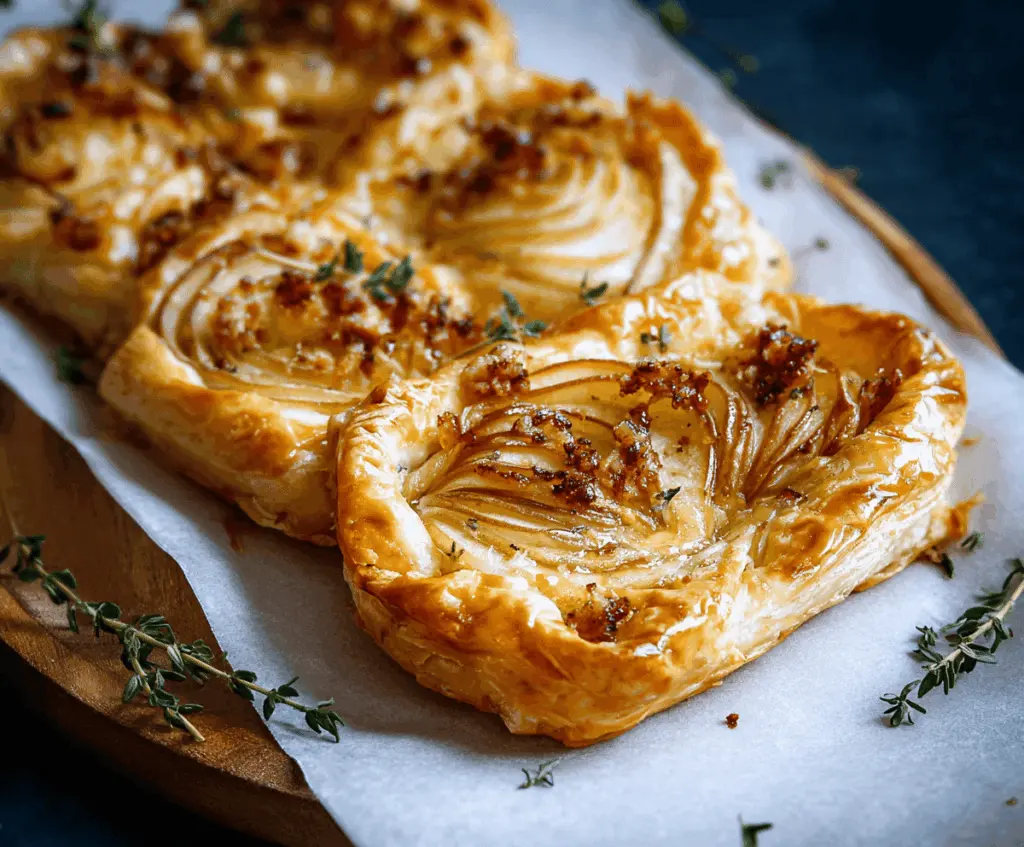 Delicious Pear and Brie Puff Pastry Bites topped with fresh herbs, perfect for appetizer or party snack.
