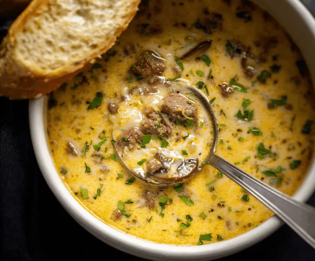 Creamy Philly Cheesesteak Soup with tender steak, melted cheese, peppers, and onions in a savory broth
