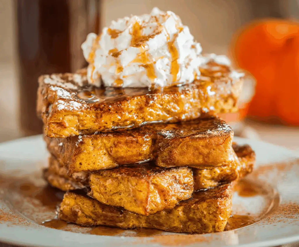 Sweet Pumpkin Pie French Toast topped with whipped cream and cinnamon, served with fresh fruit for a delicious breakfast