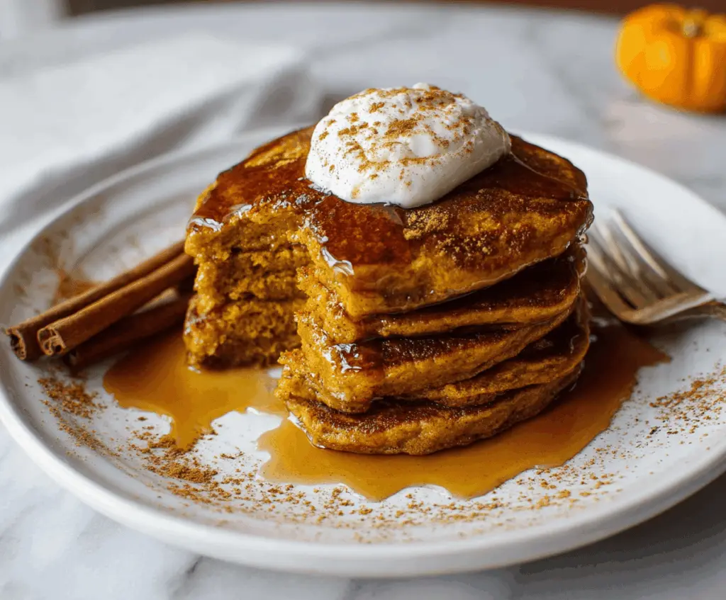 Fluffy pumpkin spice pancakes topped with whipped cream and cinnamon, served on a white plate for a cozy fall breakfast.