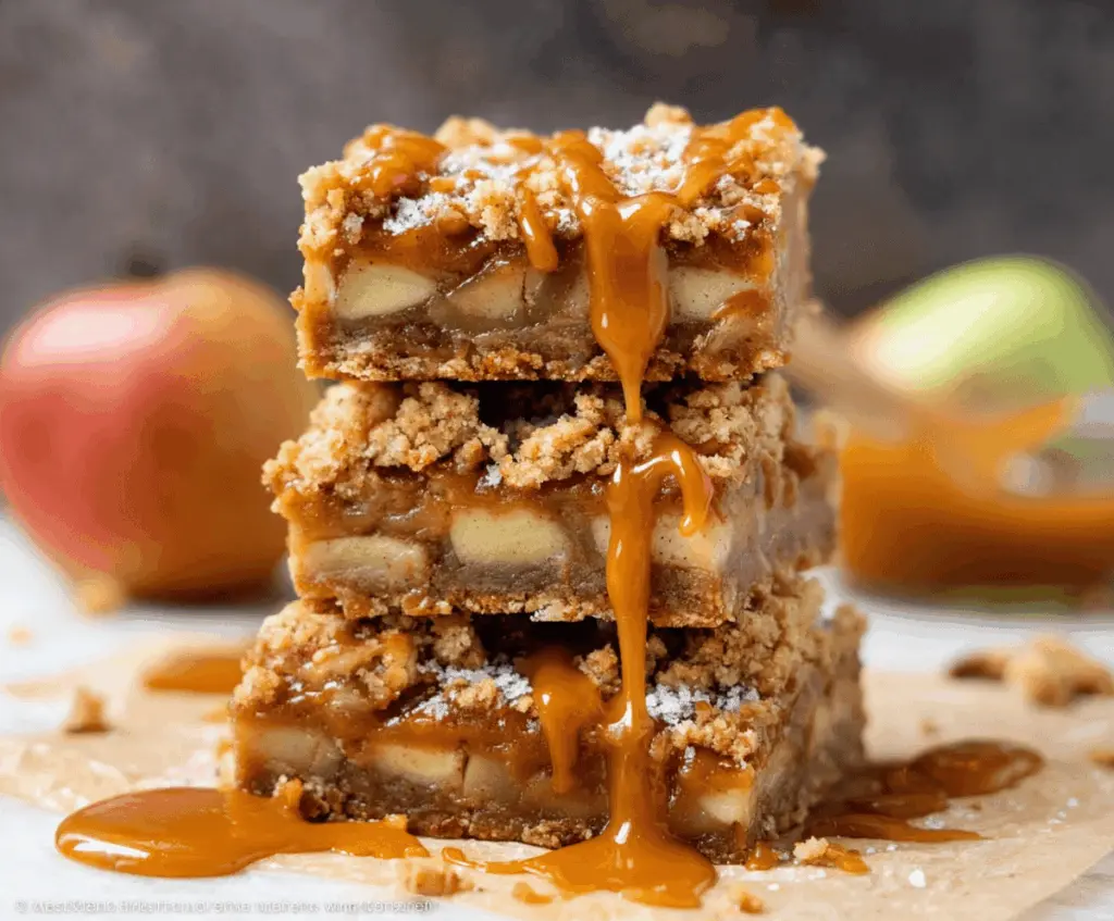Delicious salted caramel apple bars topped with caramel drizzle and apple slices on a baking tray, perfect for fall desserts