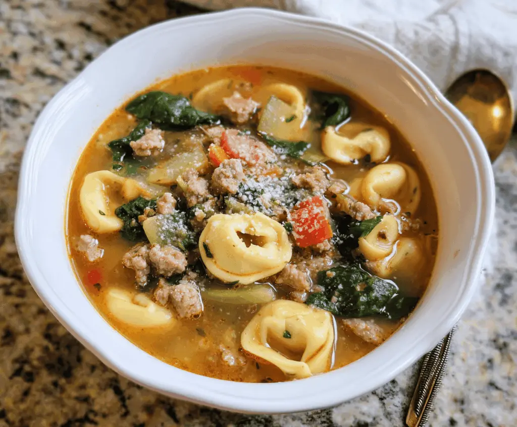 Hearty sausage tortellini soup with vegetables in a bowl, garnished with fresh herbs, served steaming hot.