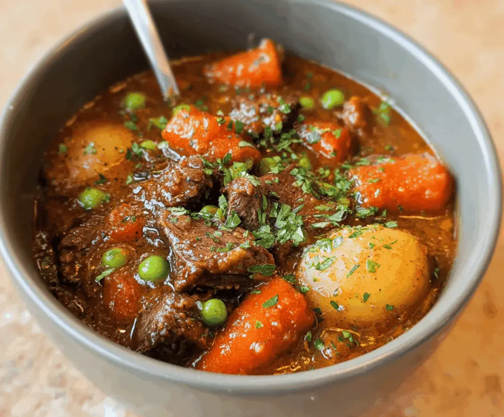 Hearty slow cooker beef stew with tender beef chunks, fresh vegetables, and flavorful broth in a rustic bowl