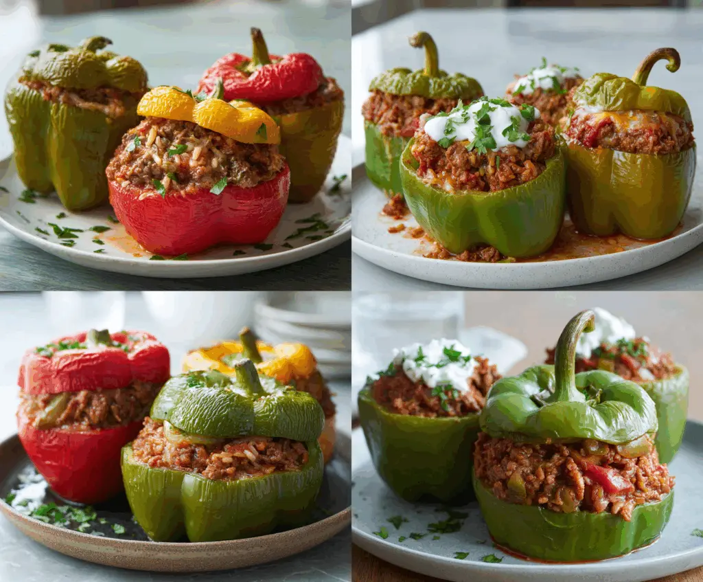 Delicious slow cooker beef stuffed peppers topped with melted cheese and fresh herbs on a white plate
