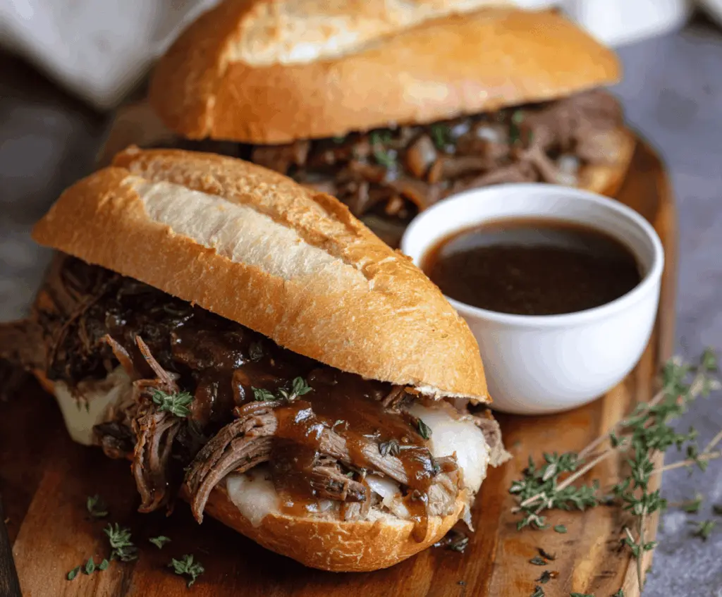 Delicious Slow Cooker French Dip Sandwiches with tender roast beef, melted cheese, and flavorful au jus served on toasted buns