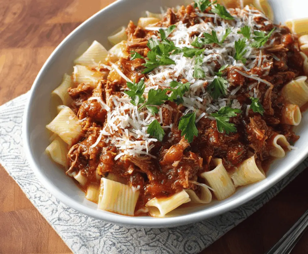 Delicious slow cooker pork ragu served over pasta with fresh herbs and grated cheese