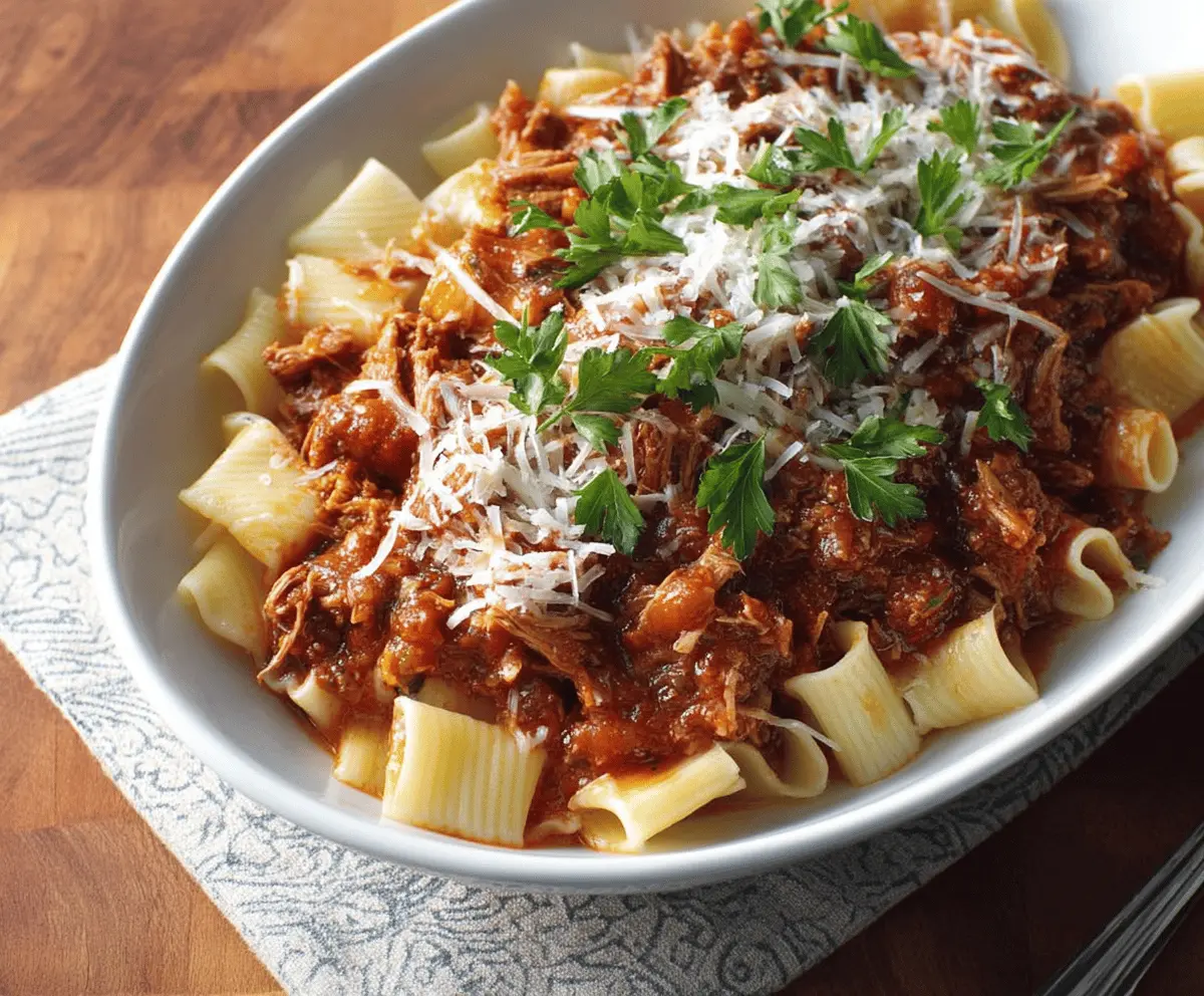 Delicious slow cooker pork ragu served over pasta with fresh herbs and grated cheese
