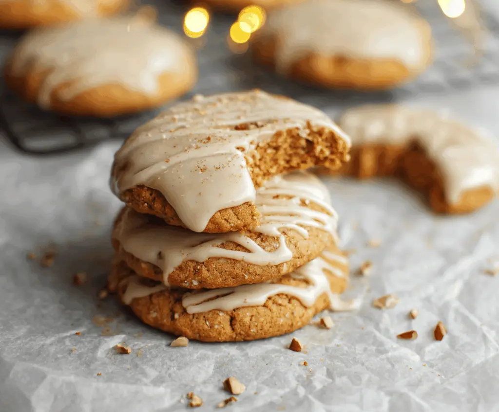 Delicious soft maple pumpkin cookies on a plate, garnished with a drizzle of maple glaze and a sprinkle of cinnamon, perfect for fall dessert