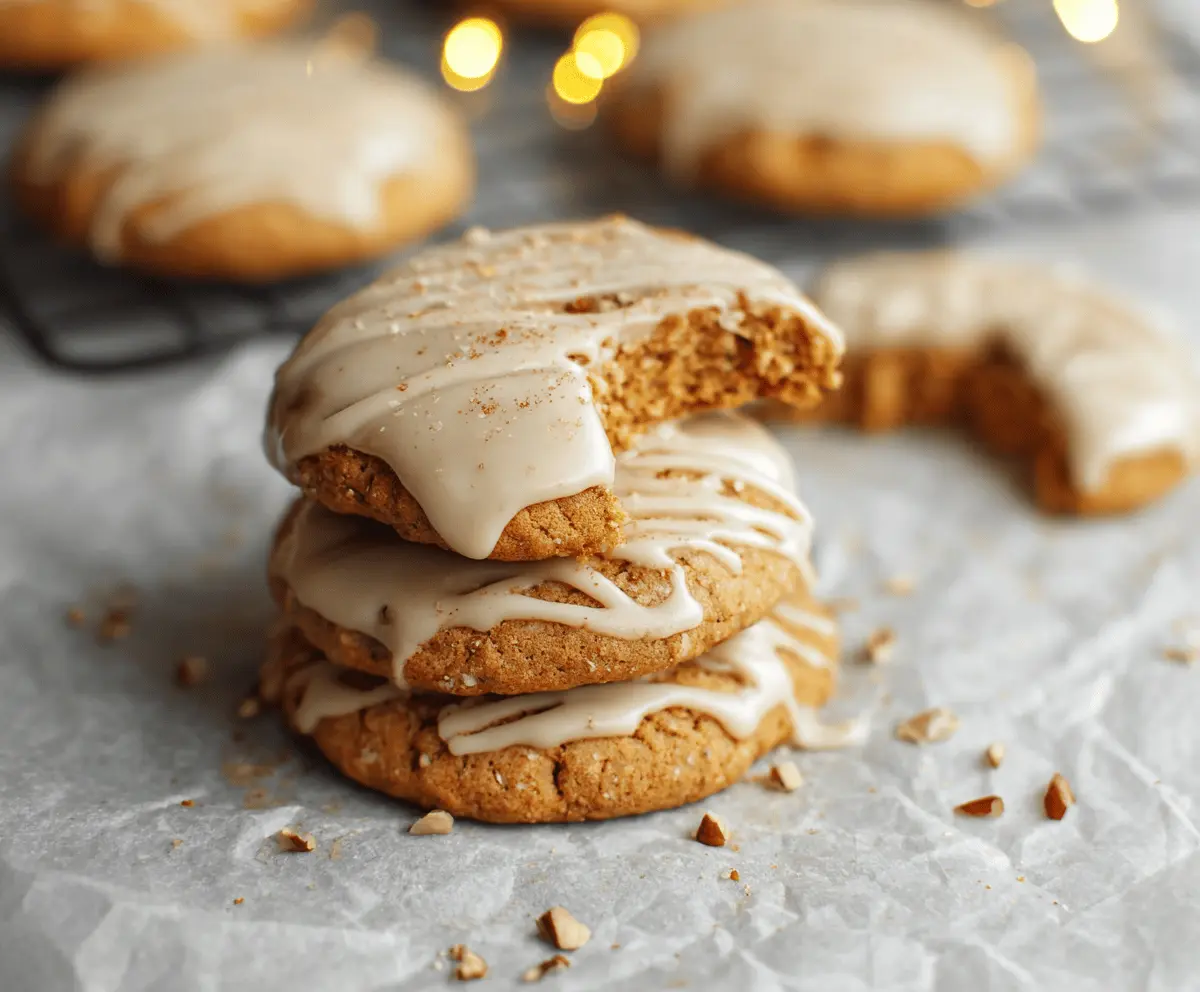 Delicious soft maple pumpkin cookies on a plate, garnished with a drizzle of maple glaze and a sprinkle of cinnamon, perfect for fall dessert