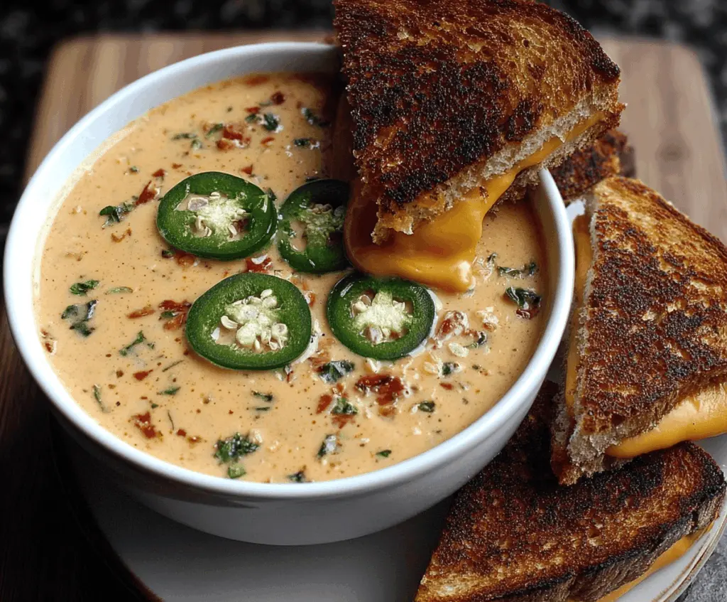 Creamy spicy jalapeño popper soup topped with melted cheese, served with crispy grilled cheese dippers for a flavorful comfort meal.