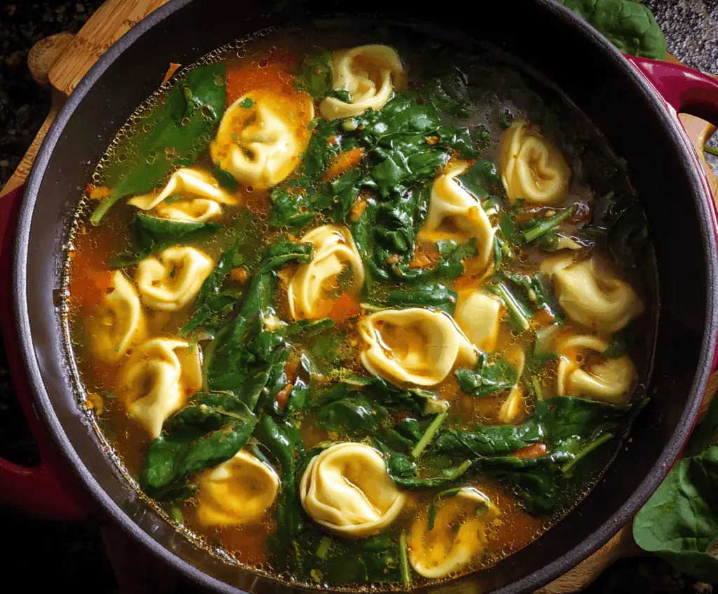 A bowl of creamy spinach tortellini soup garnished with fresh herbs and grated cheese, served with crusty bread on the side.