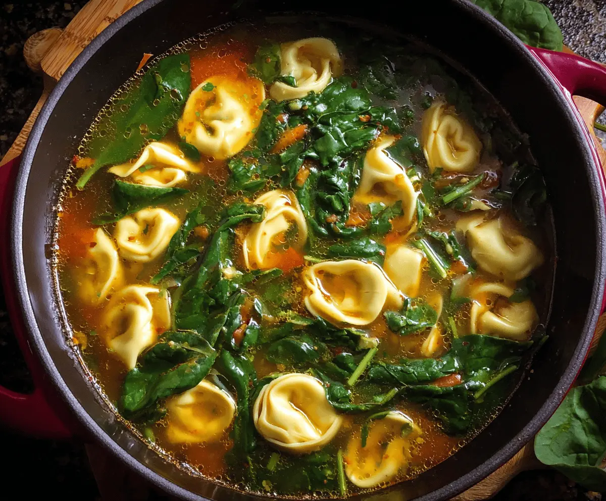 A bowl of creamy spinach tortellini soup garnished with fresh herbs and grated cheese, served with crusty bread on the side.