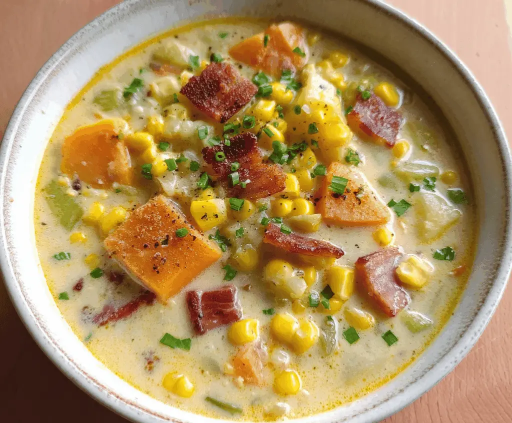 Creamy sweet corn and potato chowder topped with fresh herbs in a bowl, served with bread on a rustic wooden table.