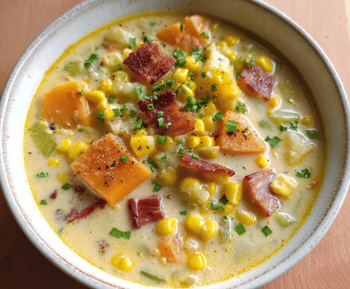 Creamy sweet corn and potato chowder topped with fresh herbs in a bowl, served with bread on a rustic wooden table.