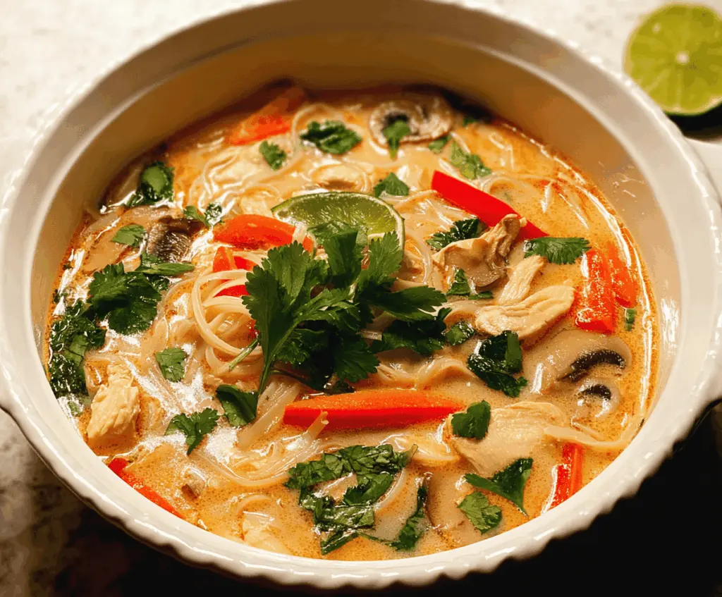 Warm Thai chicken noodle soup with fresh herbs, vegetables, and flavorful broth in a bowl.