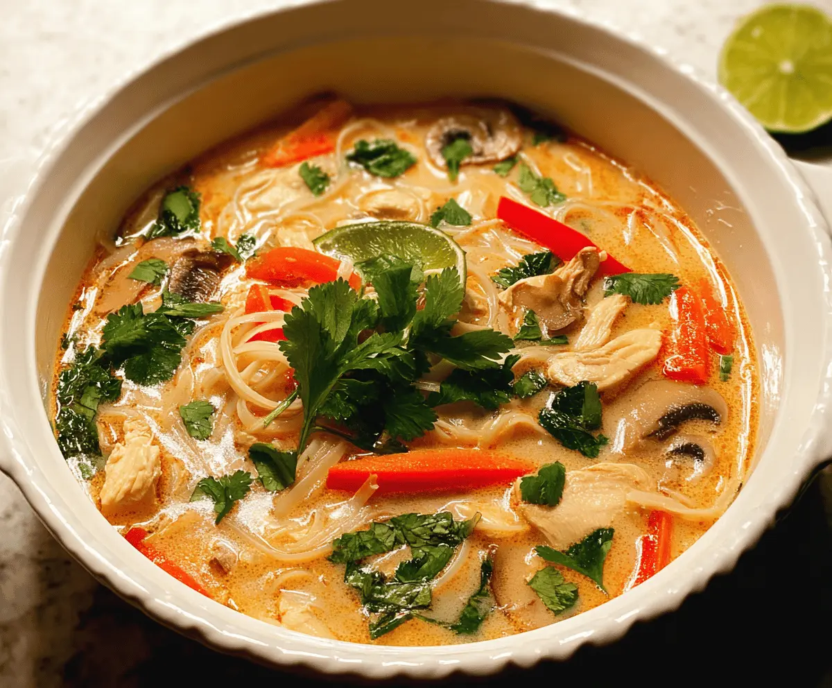 Warm Thai chicken noodle soup with fresh herbs, vegetables, and flavorful broth in a bowl.