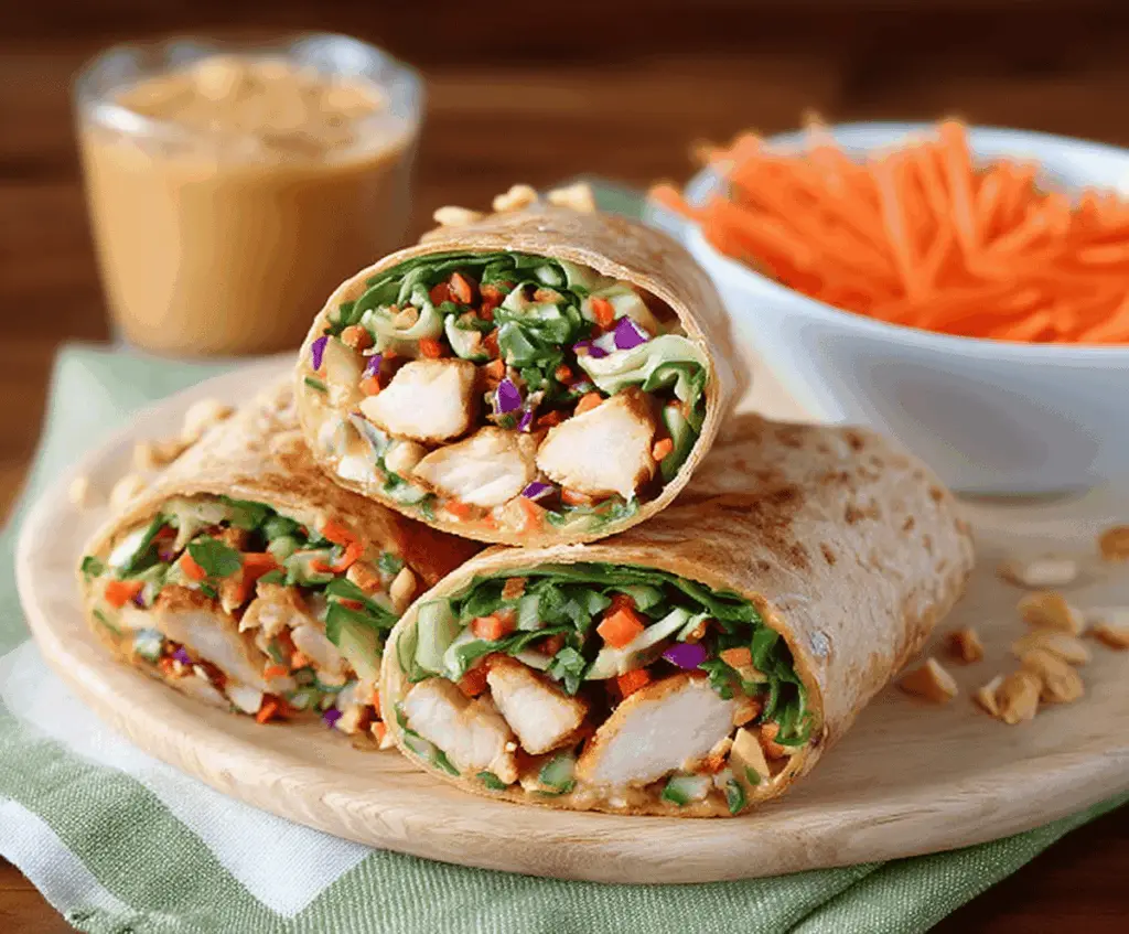 Delicious Thai Peanut Chicken Wraps with fresh vegetables and creamy peanut sauce served on a plate.