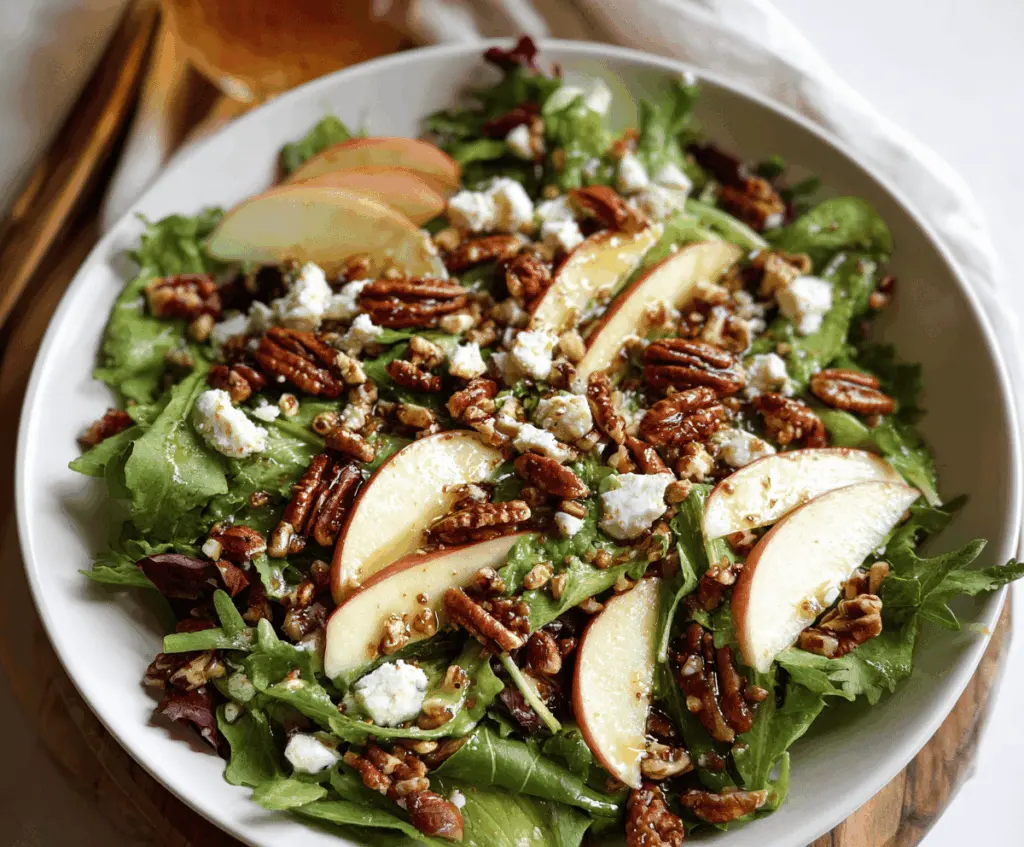 Fresh TikTok Apple Goat Cheese Pecan Salad featuring crisp apple slices, creamy goat cheese, toasted pecans, and mixed greens, perfect for a light, flavorful meal.