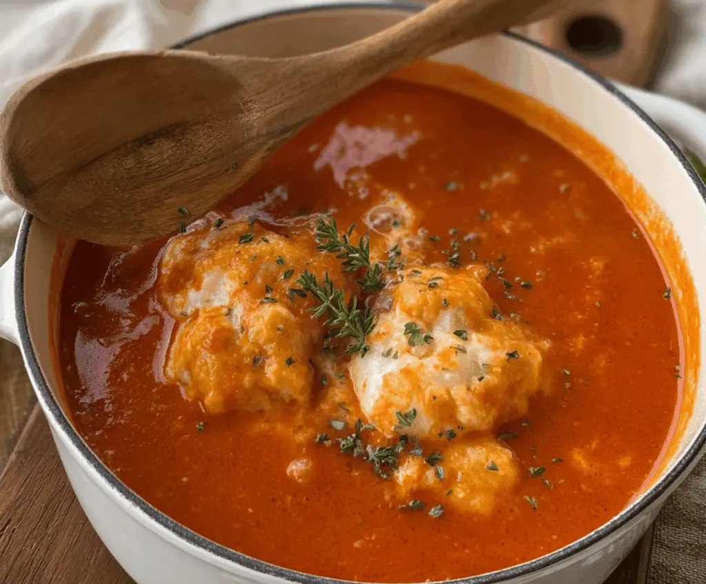 Creamy tomato soup topped with golden cheddar bay dumplings, served in a bowl for a comforting and flavorful meal.