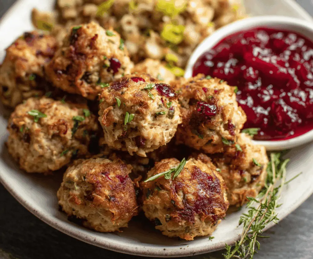 Delicious turkey stuffing balls garnished with fresh herbs, perfect for holiday appetizers or festive gatherings.