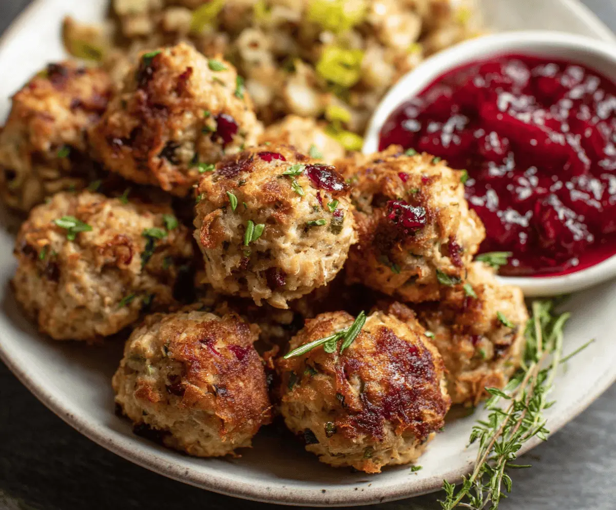 Delicious turkey stuffing balls garnished with fresh herbs, perfect for holiday appetizers or festive gatherings.