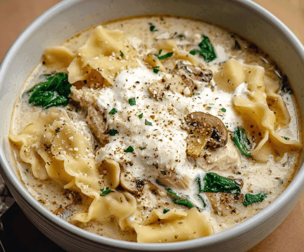 Creamy white lasagna soup in a bowl topped with melted cheese, fresh basil, and crispy breadsticks, perfect for a comforting meal