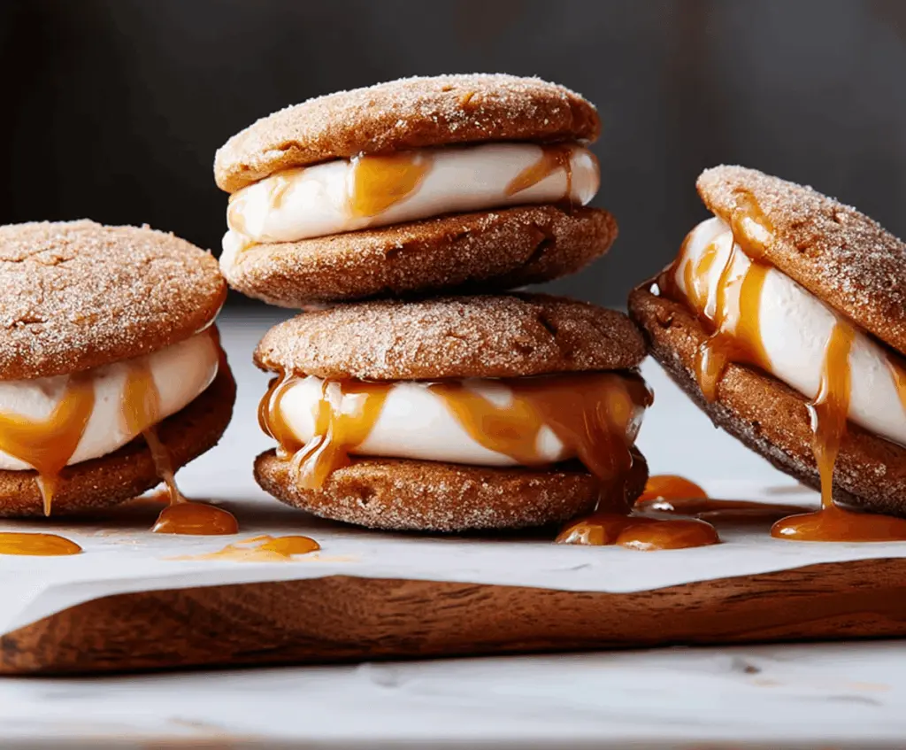 Delicious apple cider whoopie pie cookies filled with creamy caramel filling, perfect for fall desserts