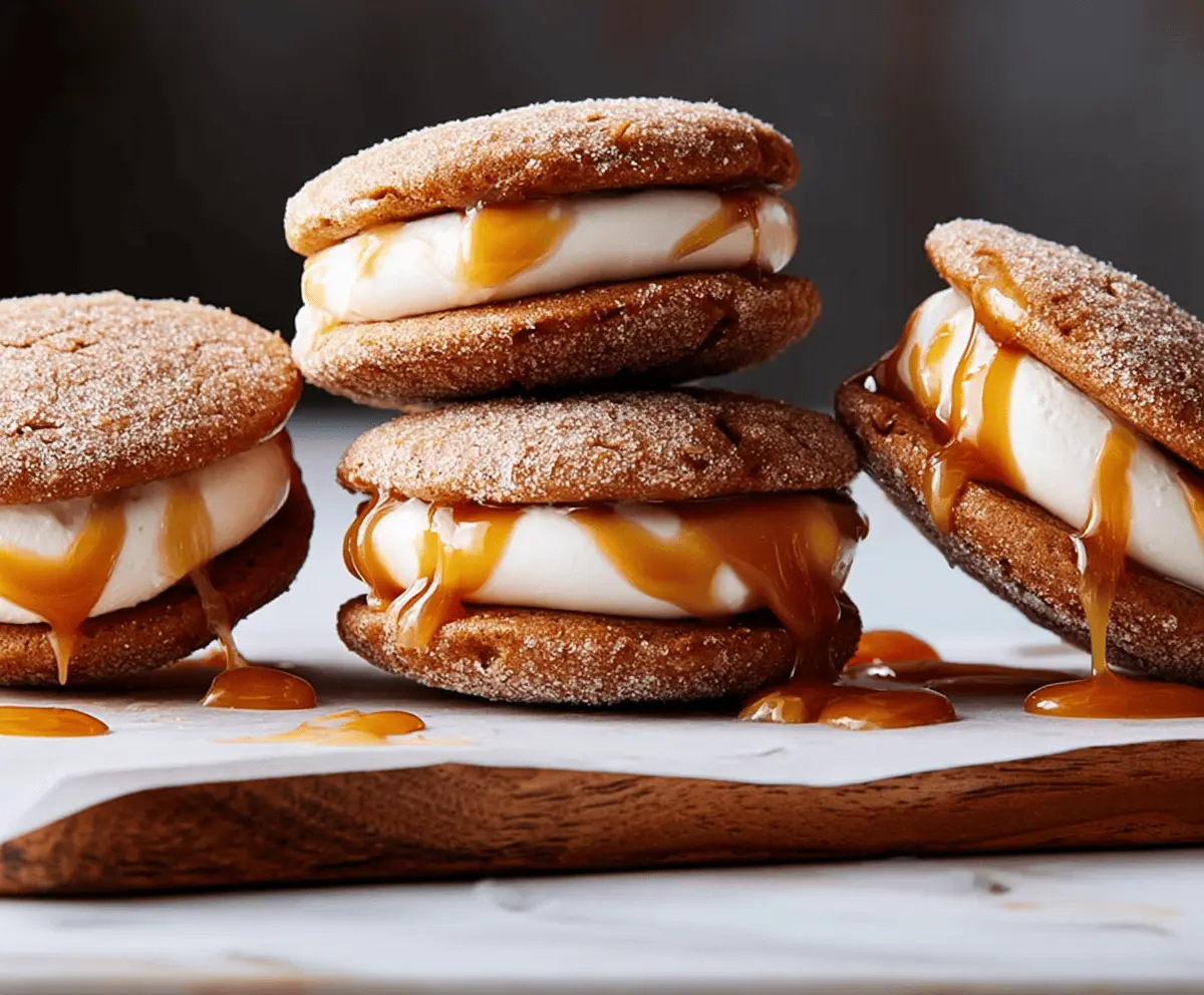Delicious apple cider whoopie pie cookies filled with creamy caramel filling, perfect for fall desserts