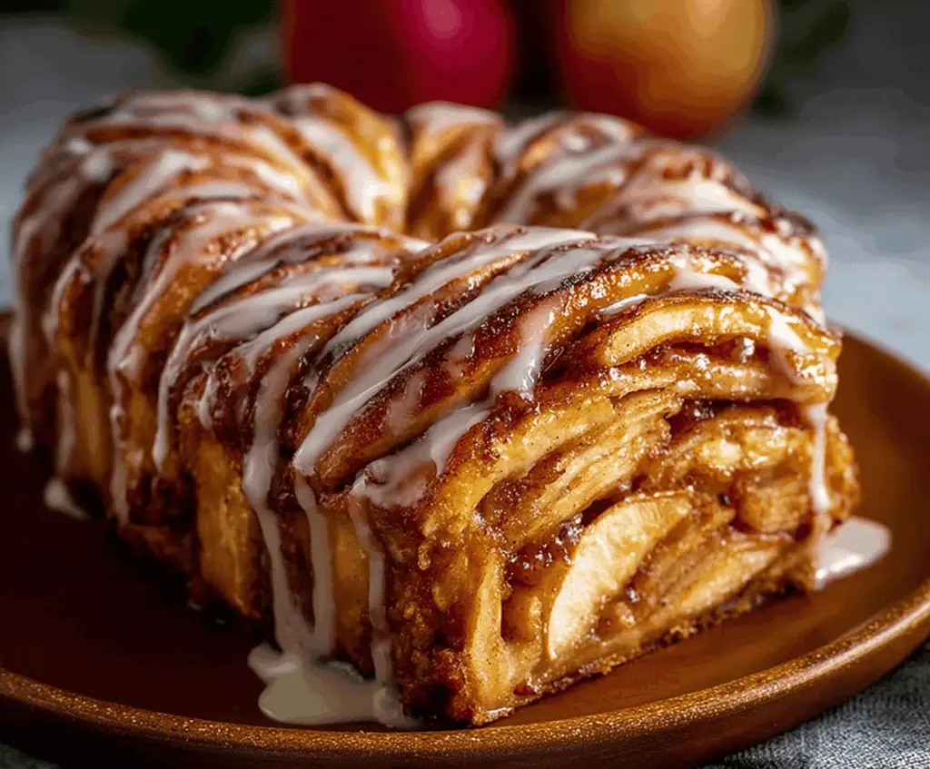 Freshly baked Apple Kringle with golden crust topped with creamy vanilla glaze, showcasing a delicious pastry filled with spiced apple slices.