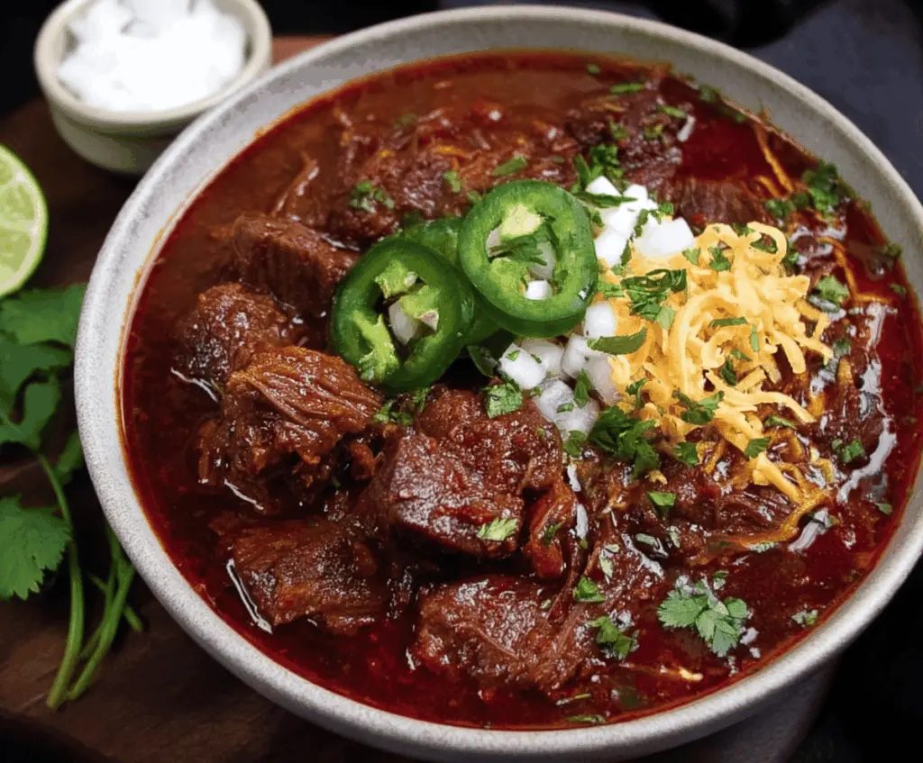 A bowl of authentic Texas brisket chili topped with shredded cheese, served with cornbread on a rustic wooden table.