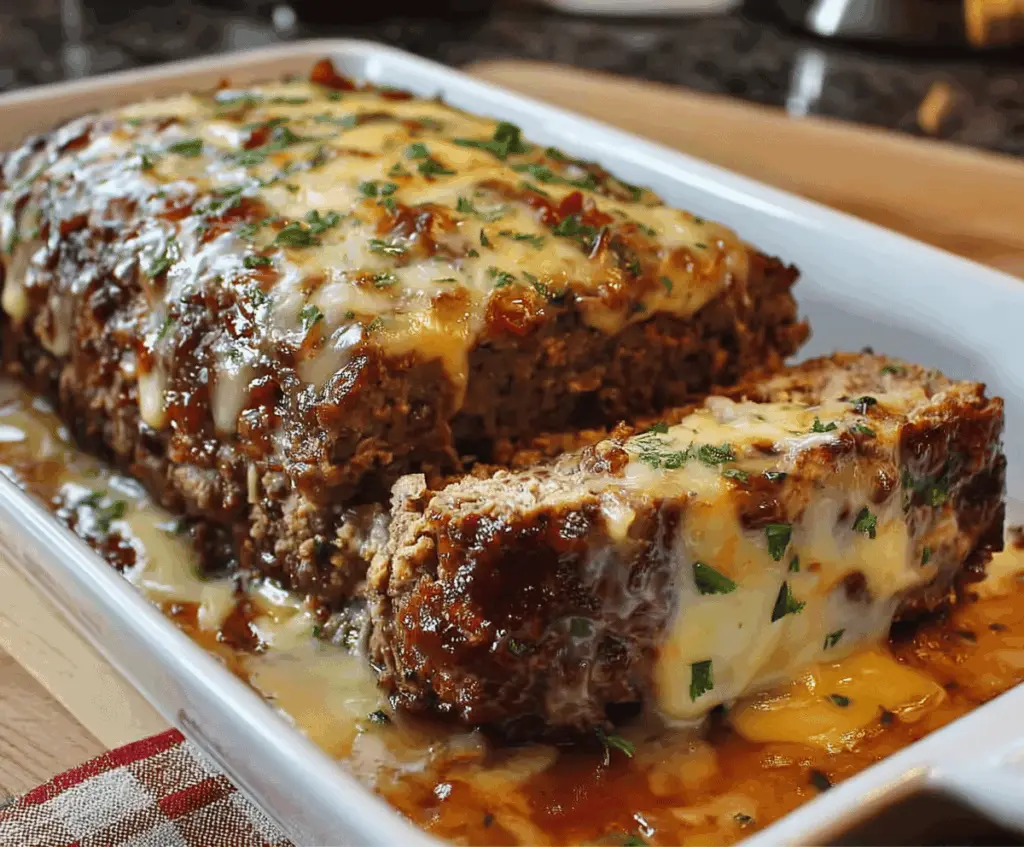 Delicious Philly cheesesteak meatloaf baked to perfection with melted gooey cheese topping.