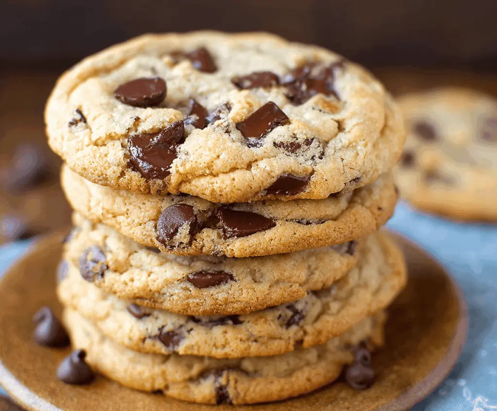 Homemade bakery-style chocolate chip cookies on a baking tray with melted chocolate chips and golden-brown edges