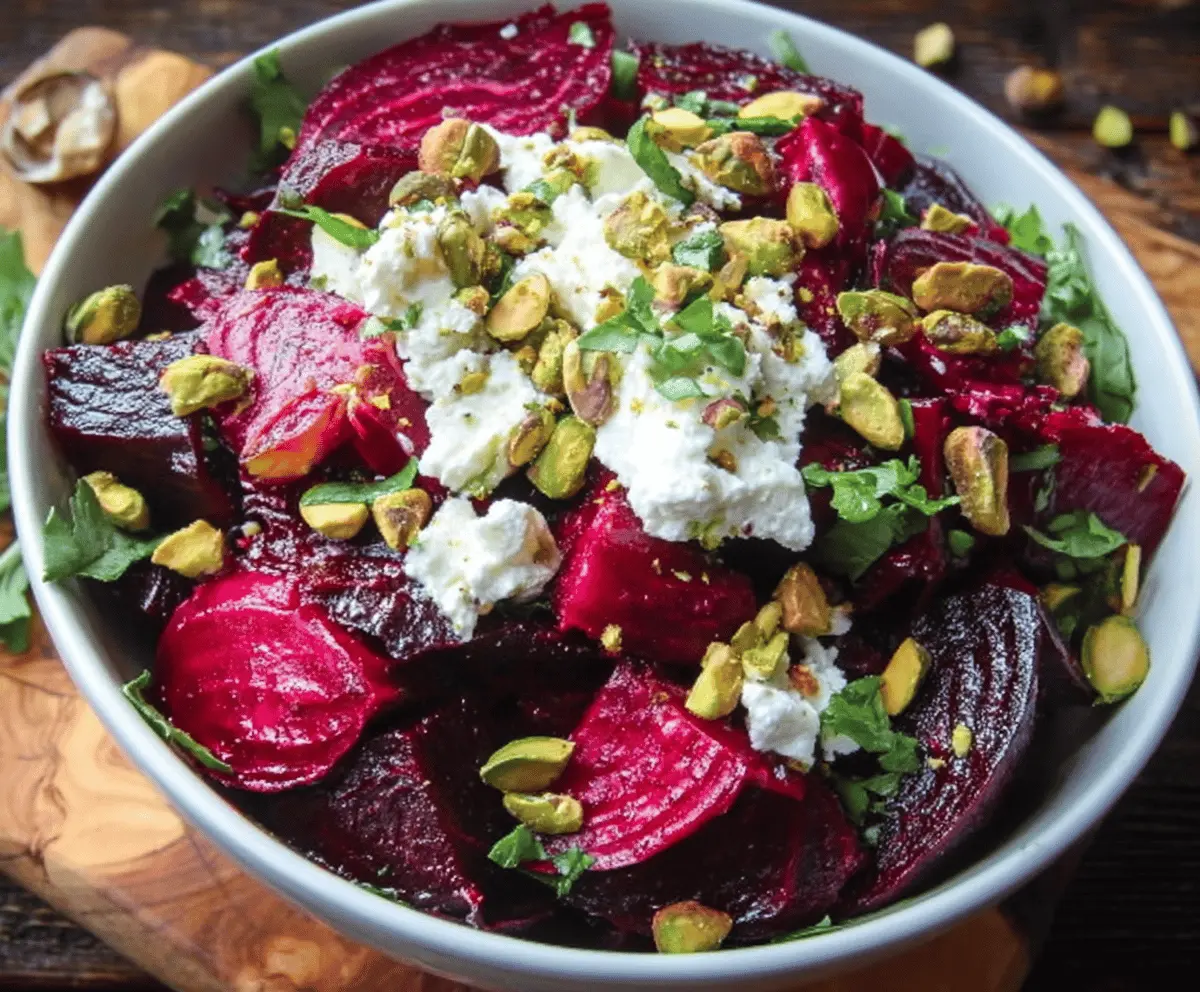 Fresh Beet Feta Pistachios Salad with vibrant colors and crunchy toppings, perfect for a healthy meal.