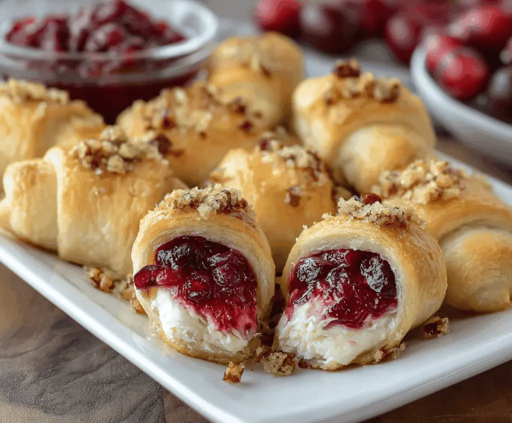 Delicious Cranberry Cream Cheese Crescent Bites on a serving plate, topped with fresh cranberries and a sprig of mint, perfect for holiday appetizers.