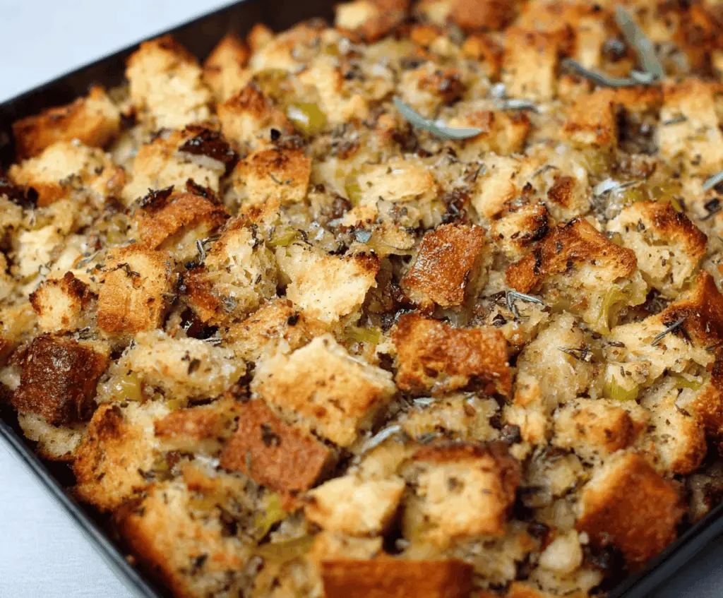 Golden, crumbly Thanksgiving stuffing made with grandma's secret recipe in a nostalgic holiday setting.