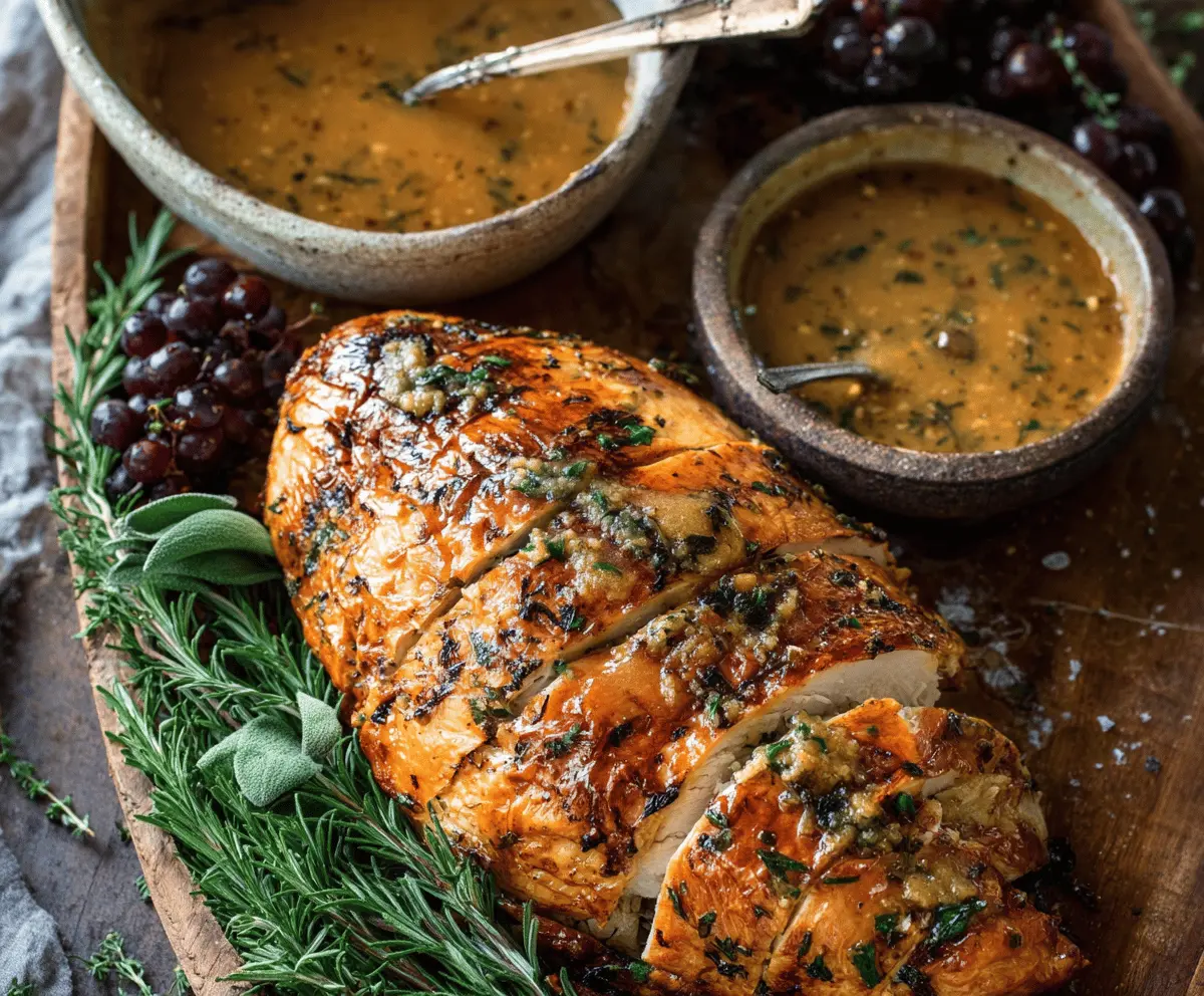 A bowl of rich brown butter herb turkey gravy garnished with fresh herbs, perfect for pairing with roasted turkey.