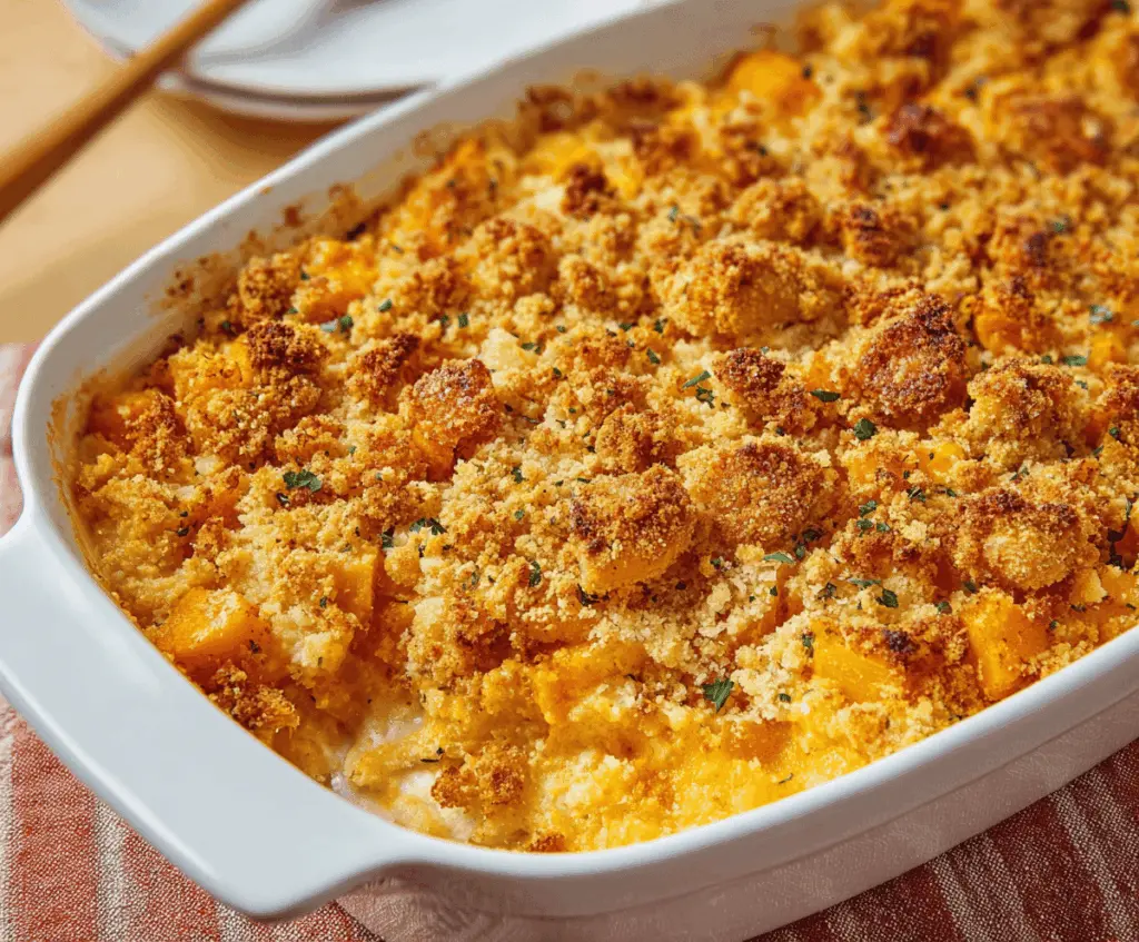 Creamy cheesy butternut squash casserole topped with melted cheese and fresh herbs, featuring simple ingredients and delicious flavor