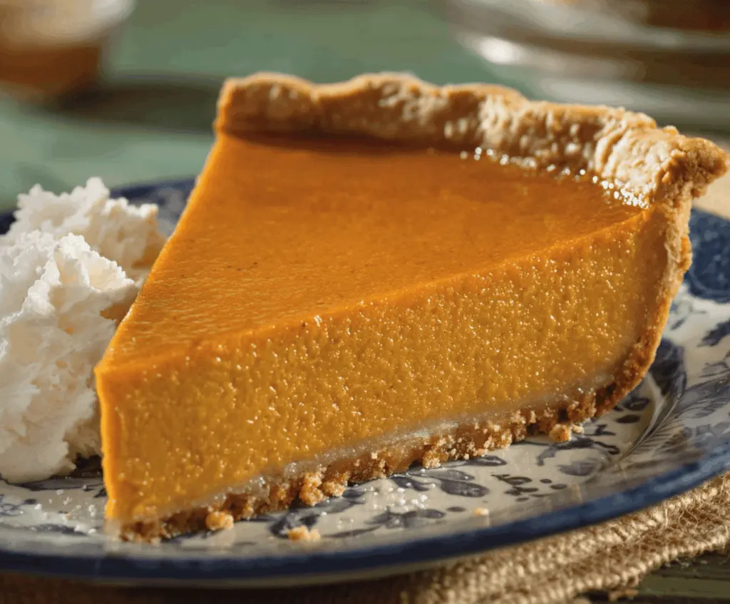 Classic pumpkin pie with simple ingredients and unforgettable flavor, featuring a golden crust and creamy pumpkin filling topped with whipped cream