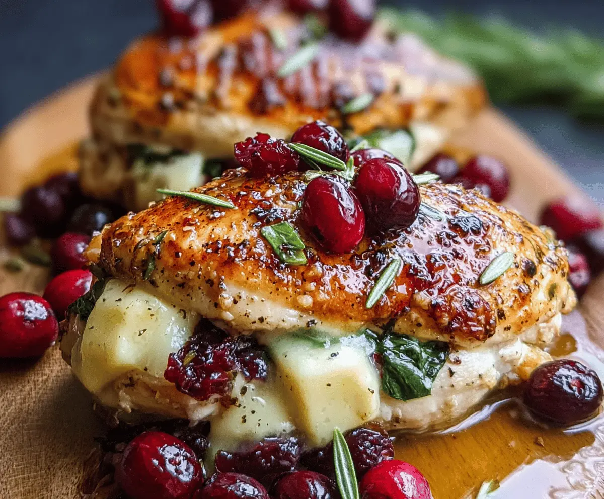 Juicy stuffed chicken breast filled with creamy Brie cheese and fresh cranberries, garnished with herbs, perfect for a festive Cranberry Brie Stuffed Chicken recipe.