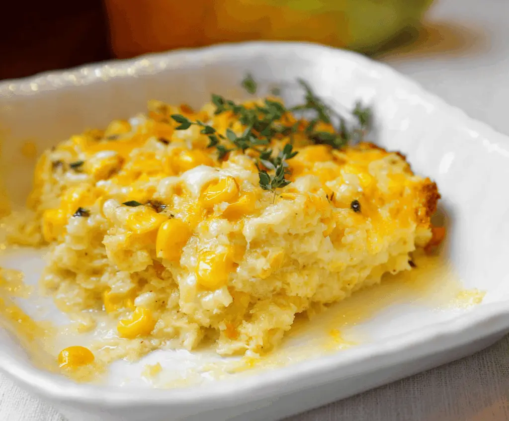 Creamy Corn Casserole served on a festive Thanksgiving table, featuring golden baked top and creamy corn filling in a ceramic dish.