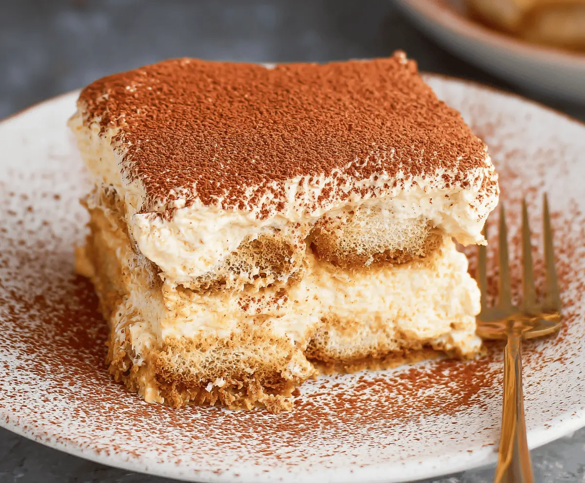 Delicious creamy pumpkin spice tiramisu dessert with layers of mascarpone, pumpkin puree, and spices in a glass dish
