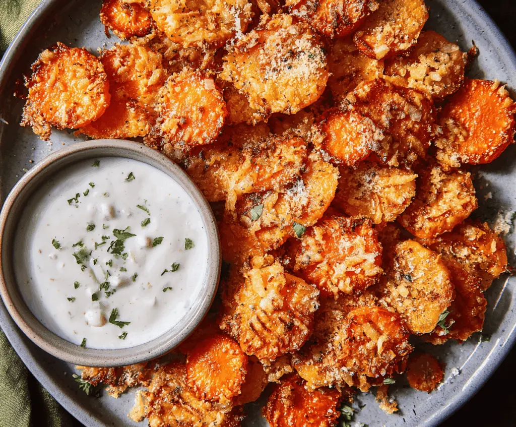 Crispy Parmesan Ranch Smashed Carrots recipe featuring simple, crunchy, and flavorful roasted carrots topped with Parmesan cheese and ranch seasoning